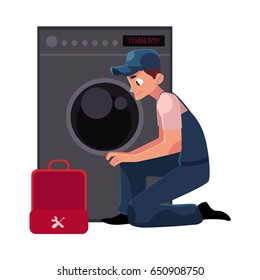 Plumbing specialist with toolbox fixing, repairing washer, washing machine, cartoon vector illustration isolated on white background. Plumber, plumbing specialist fixing, repairing washing machine