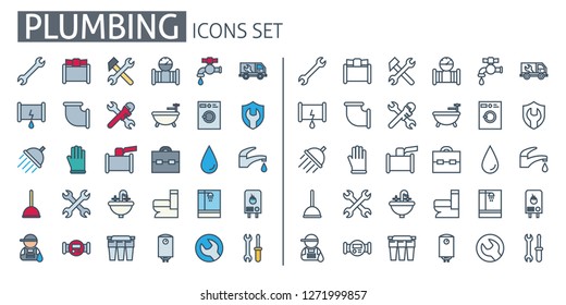 Plumbing supplies service icons set. Thin line web symbols outline flat with bathroom, valve, pipe water, tube. For repairs, handyman poster, sanitary engeneering banner, heating reparation concept