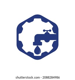 Plumbing symbol vector design business template. Water faucet with gear service logo symbol vector icon illustration.	