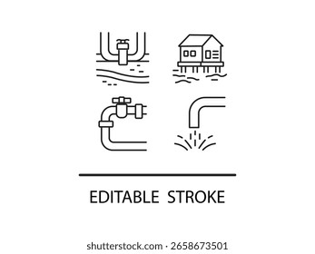 Plumbing system icon set for water management and supply design featuring editable stroke home, tap, water filtration, and pipe features.