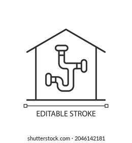 Plumbing system linear icon. Installing pipes and fixtures in house. Well-arranged piping network. Thin line customizable illustration. Contour symbol. Vector isolated outline drawing. Editable stroke