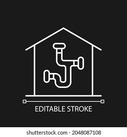 Icono lineal blanco del sistema de fontanería para el tema oscuro. Instalación de tuberías y accesorios en casa. Ilustración personalizable de línea delgada. Símbolo de contorno vectorial aislado para el modo nocturno. Trazo editable
