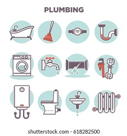 Plumbing template with flat icons set on white