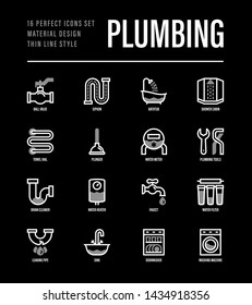 Plumbing thin line icons set. Water meter, bathtub, sink, water filter, faucet, washing machine, dishwasher, siphon, shower cabin, pipe, ball valve. Vector illustration.