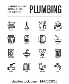 Plumbing thin line icons set. Water meter, bathtub, sink, water filter, faucet, washing machine, dishwasher, siphon, shower cabin, pipe, ball valve. Vector illustration.