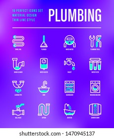 Plumbing thin line icons set. Water meter, bathtub, sink, water filter, faucet, washing machine, dishwasher, siphon, shower cabin, pipe, ball valve. Vector illustration.
