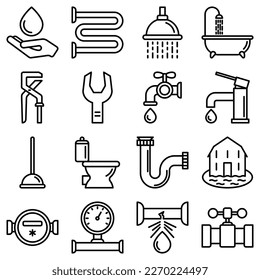 Plumbing thin line icons set of bathtub, toilet, shower, pipe, wrench, drop, leakage, water meter, plunger. Modern vector illustration.
