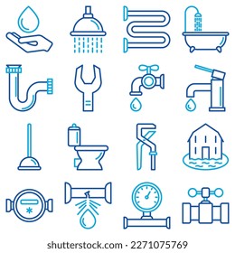 Plumbing thin line icons set of bathtub, toilet, shower, pipe, wrench, drop, leakage, water meter, plunger. Modern vector illustration.