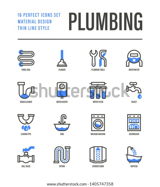 Plumbing thin line icons\
set. Water meter, bathtub, sink, water filter, faucet, washing\
machine, dishwasher, siphon, shower cabin, pipe, ball valve. Vector\
illustration.
