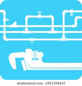 Plumbing tool and water pipe system. Symbol of plumbing repair and service