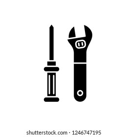 Plumbing tools black icon, vector sign on isolated background. Plumbing tools concept symbol, illustration 