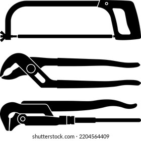 Plumbing Tools. Hacksaw. Pipe Plier. Pipe Wrench. Silhouette Vector