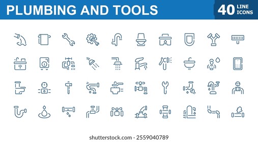 Plumbing tools icon collection. Related to pipework, maintenance, water systems, repairs, and fixtures. Editable stroke. Vector illustration.