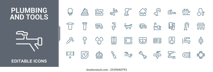 Plumbing tools icon collection. Related to pipework, maintenance, water systems, repairs, and fixtures. Editable stroke. Vector illustration.