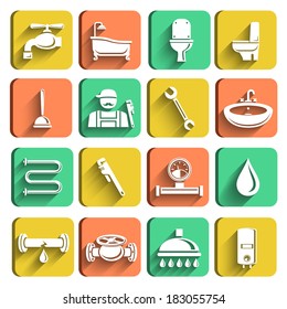 Plumbing tools icons set of plumber wrench bathroom and water leak isolated vector illustration