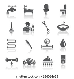 Plumbing tools pictograms set of shower bathroom toilet and water tube isolated vector illustration