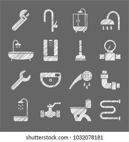 Plumbing tools and spare parts. One-color badges. Vector clip art. Hatching with a white pencil on a gray field. Texture simulation. 