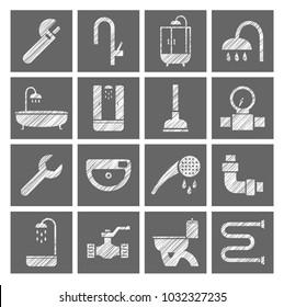 Plumbing tools and spare parts. Solid color, square badges. Vector clip art. Hatching with a white pencil on a gray field. Texture simulation. 
