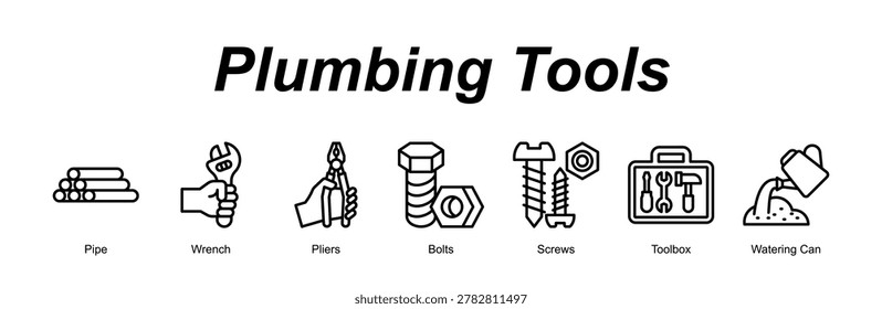 Plumbing Tools web banner icon concept for with icon of Pipe, Wrench, Pliers, Bolts, Screws, Toolbox, Watering Can.