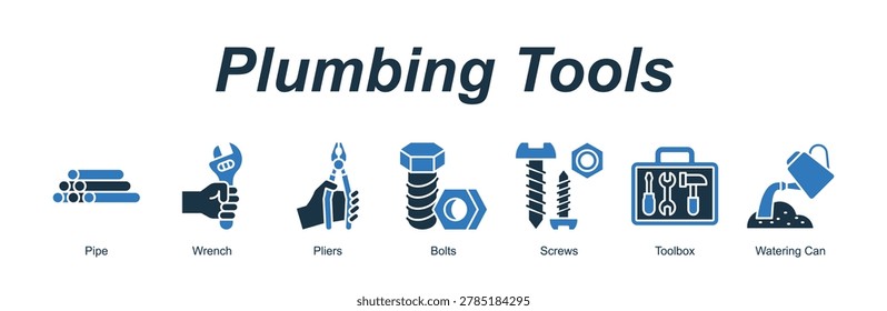 Plumbing Tools web banner icon concept for with icon of Pipe, Wrench, Pliers, Bolts, Screws, Toolbox, Watering Can.