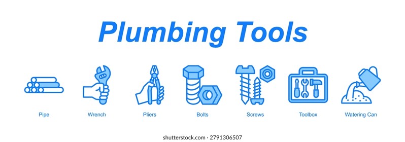 Plumbing Tools web banner icon concept for with icon of Pipe, Wrench, Pliers, Bolts, Screws, Toolbox, Watering Can.