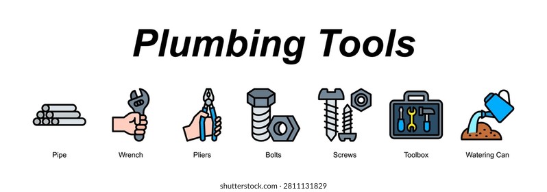 Plumbing Tools web banner icon concept for with icon of Pipe, Wrench, Pliers, Bolts, Screws, Toolbox, Watering Can.