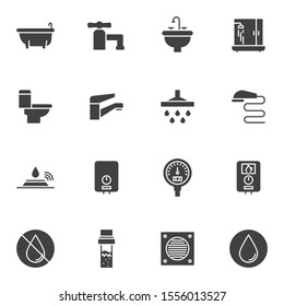 Plumbing vector icons set, modern solid symbol collection, filled style pictogram pack. Signs, logo illustration. Set includes icons as water tap, shower, gauge pressure meter, heater, toilet, bathtub