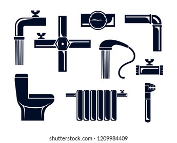 Plumbing vector icons set. Silhouettes isolated on white background