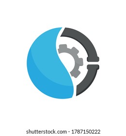 Plumbing vector illustration graphic colorful icon. Water drop and pipes with gearwheel inside. Sewerage system company symbol. Isolated.