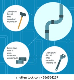 Plumbing Vector illustration Poster template of plumbing works and tools on blue background with tap scheme Flat design