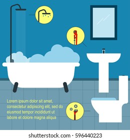 Plumbing Vector illustration Plumbing works in the bathroom Repair of shower, toilet and sink Flat design