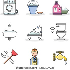 Paquete de ilustraciones de vectores de fontanería con estilo de línea de color