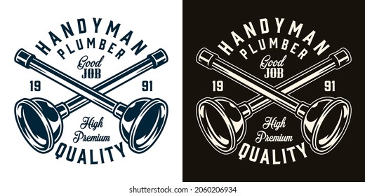 Plumbing vintage monochrome emblem with letterings and crossed toilet plungers isolated vector illustration