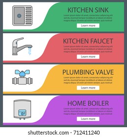 Plumbing web banner templates set. Kitchen sink and faucet, home boiler, plumbing valve. Website color menu items. Vector headers design concepts