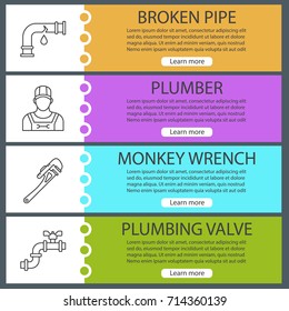 Plumbing web banner templates set. Broken pipe, plumber, monkey wrench, plumbing valve. Website color menu items with linear icons. Vector headers design concepts