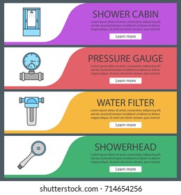 Plumbing web banner templates set. Shower cabin, pressure gauge, water filter, showerhead. Website color menu items. Vector headers design concepts