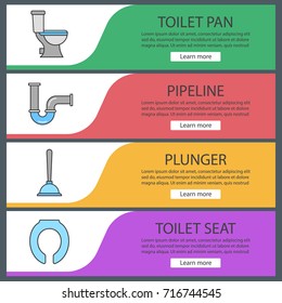 Fijación de plantillas de banner web de fontanería. Cañón de lavatorio, tubería de agua, émbolo, asiento de aseo. Elementos del menú de color del sitio web. Conceptos de diseño de cabeceras de vector