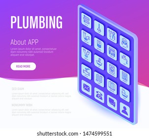 Plumbing web page template. Buttons on tablet with thin line isometric icons. Water meter, bathtub, sink, water filter, faucet, washing machine, dishwasher, siphon. Vector illustration.