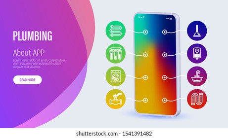 Plumbing web page template with copy space. Mobile app on smartphone with thin line icons in circles: Water meter, sink, water filter, faucet, washing machine, siphon, pipe. Vector illustration.