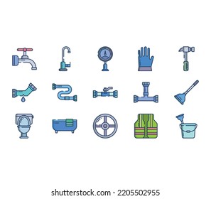 Plumbing work and equipment icon set