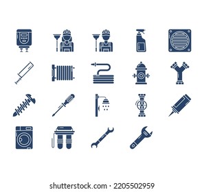 Plumbing work and equipment icon set