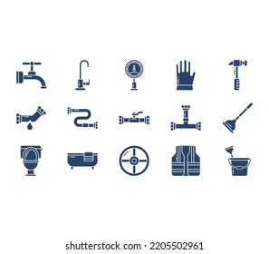 Plumbing work and equipment icon set