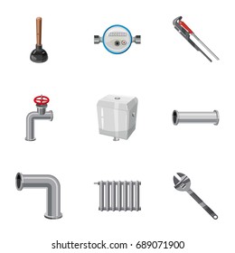 Conjunto de iconos de trabajo de plomería. Conjunto de dibujos animados de 9 iconos de vectores de trabajo de plomería para Web aislados sobre fondo blanco