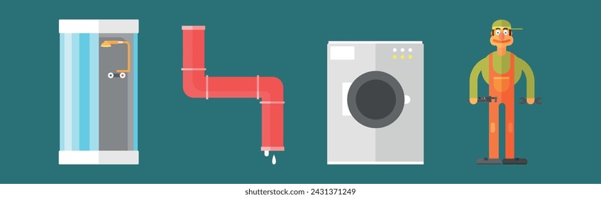 Plumbing Work Object and Equipment Icon Vector Set