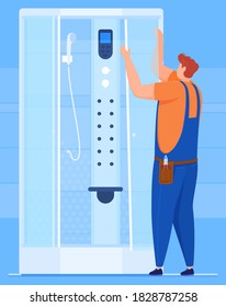 Plumbing work. The plumber repairs the shower in the bathroom. Vector illustration