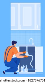 Plumbing work. A plumber repairs a sink in the kitchen. vector illustration