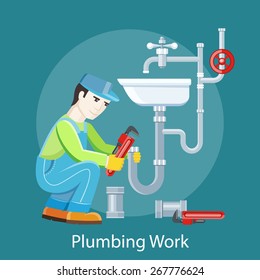 Plumbing work. Sanitary works. Plumber and wrench. Engineer character. Plumber repairing a pipe under a sink. Flat icon modern design style concept 