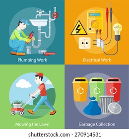 Plumbing Work. Sanitary Works. Plumber And Wrench. Man Moves With Lawnmower, Mows Green Grass Near House. Garbage And Recycling Cans Collection Concept. Electrical Work. Socket With Devices