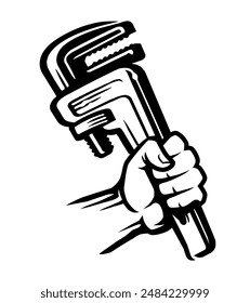 Plumbing wrench in hand of plumber. Worker construction tool and fist. Black and white vector illustration