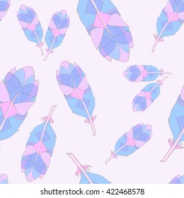 Plumelets pattern in gentle colors. Black and white beautiful hand-drawn feather on seamless background. Vector illustration.